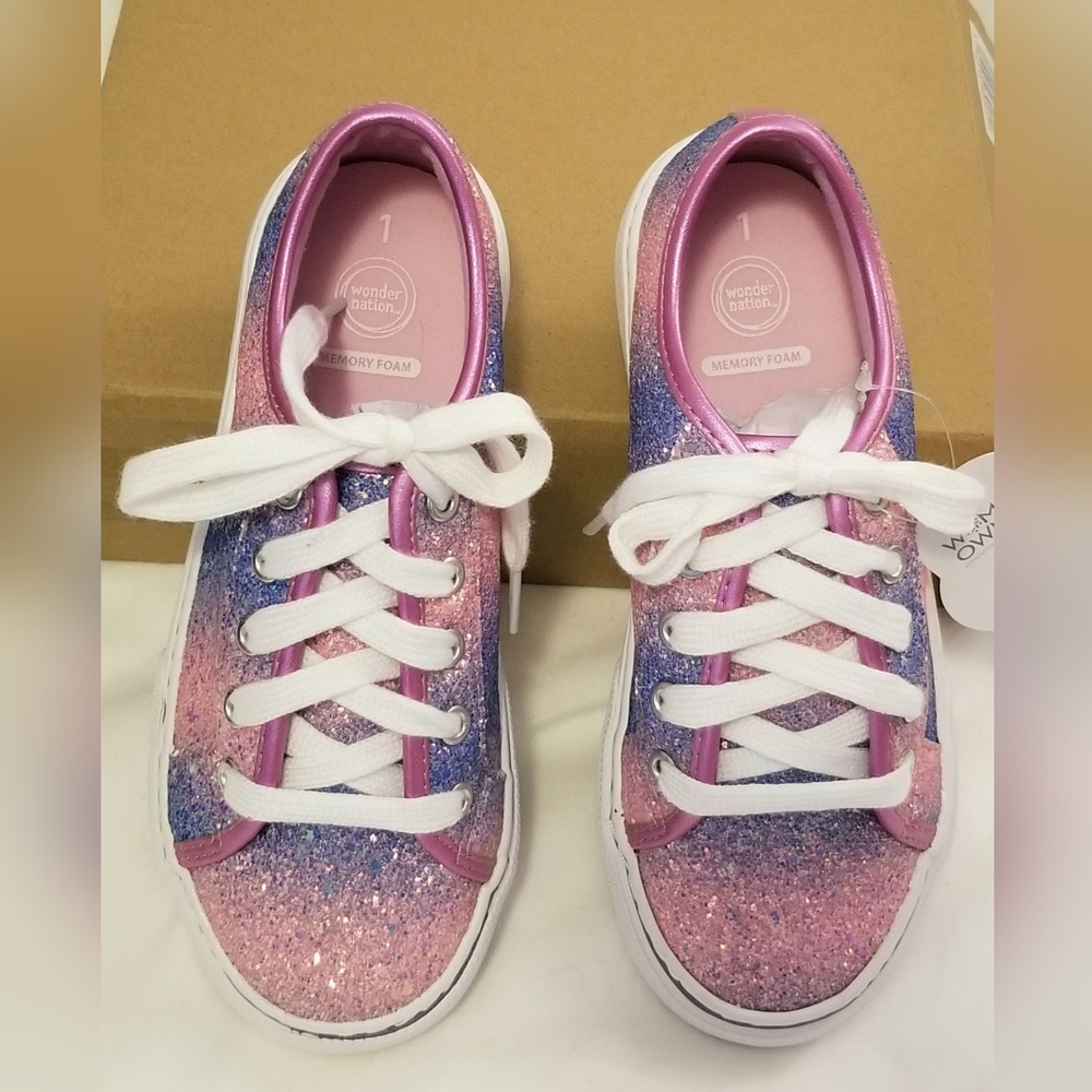 🌴 2/$20 - Girls Sparkly Pink & Purple Sneakers / Shoes -Sz 1- Brand New/Tags - Picture 2 of 4